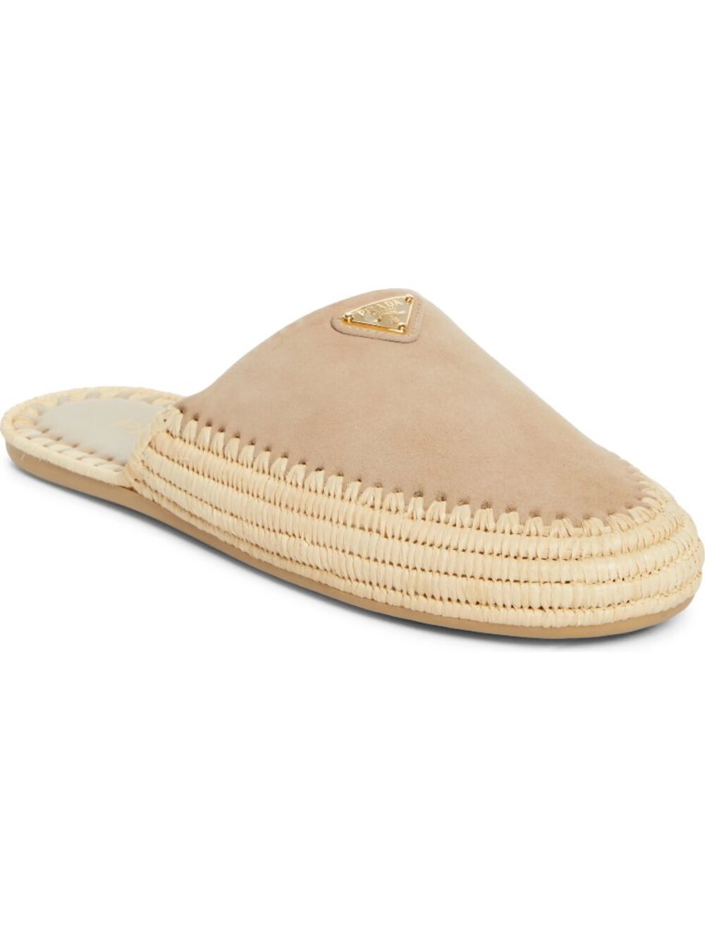 PRADA Triangle Logo Suede Raffia Flat Sabot Espadrille Mule Slides Sandals